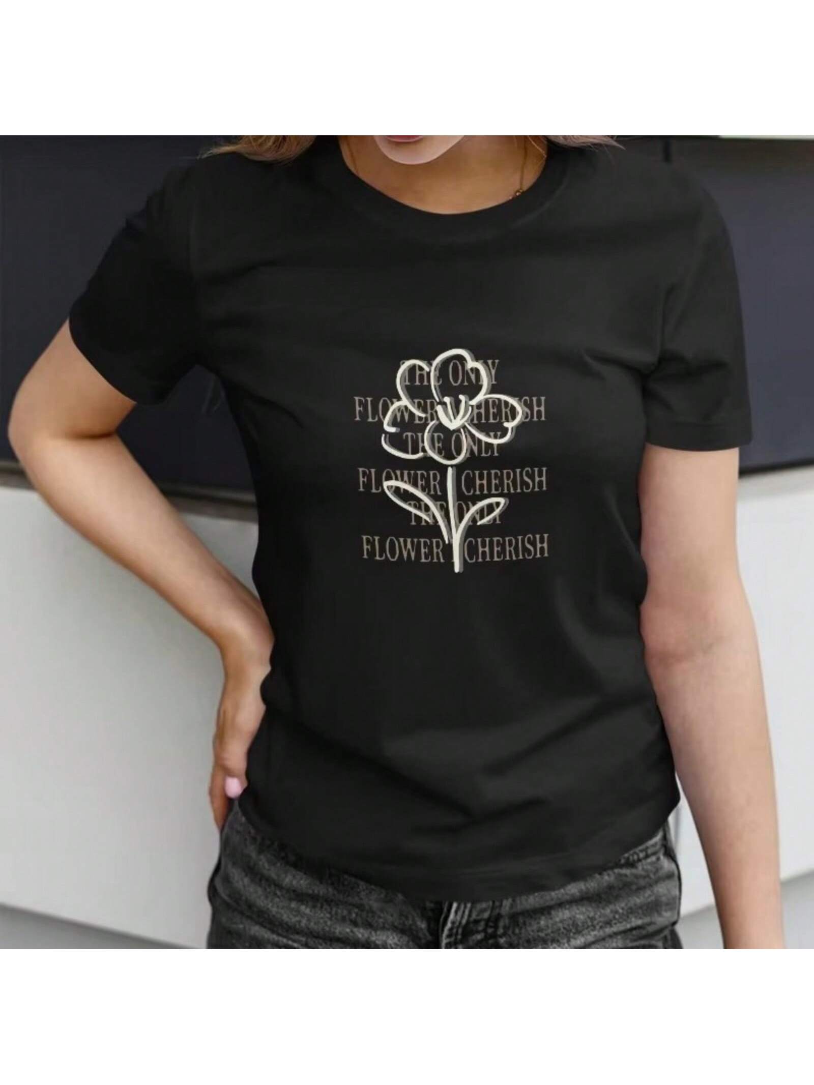 s Black T-Shirt With Flower Print And Inspirational Text Casual Summer Tee Comfortable And Stylish S разноцветный