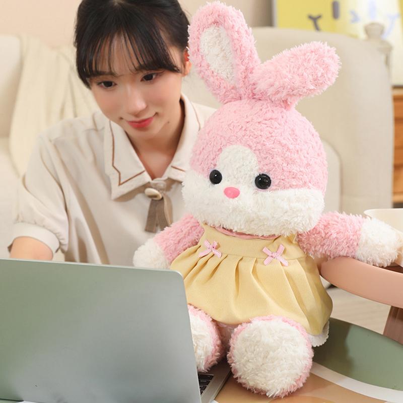 Cute Bunny Plush Stuffed Pillow with Dress Huggable Bunny Toy Throw Pillow Sleeping Soothing Toys Desk Decor for Holiday Birthda