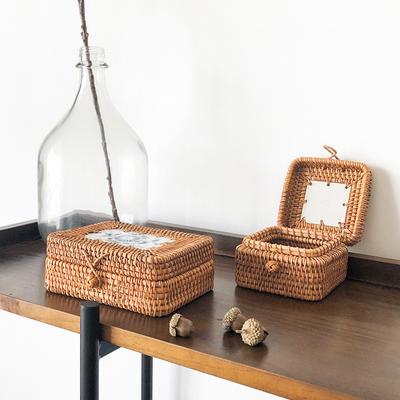 Hand-Woven Rattan Covered Storage Box – Small Tabletop Basket for Picnic Autumn Home Decor Sundries Organizer