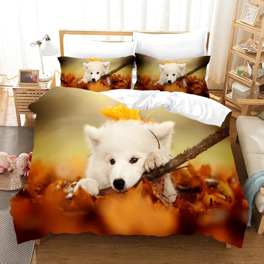 Samojedhund Påslakan King Queen Size Härligt Leende Husdjur Valp Sängkläder Set Vuxna Kvinnor Söt Vit Djur Polyester Täcke