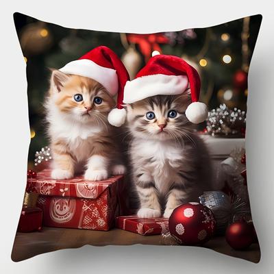 Weihnachts-Nikolausmütze Kätzchen Kissenbezug, Festliche Heimdeko Kissenbezug einseitig bedruckt 1 Stück