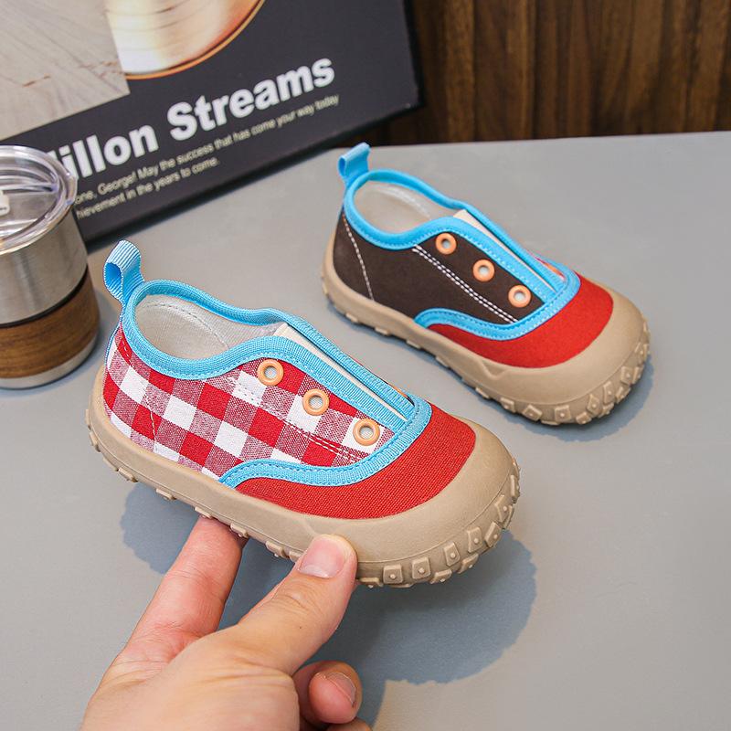 

2025 осень новые парусиновые туфли на одной педали корейская версия вставка контрастного цвета широкая версия круглый носок детский сад обувь для помещений и улицы 25