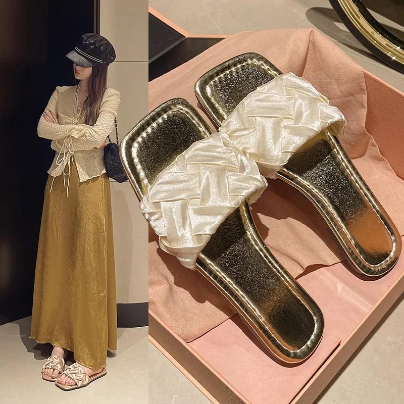 Fashion Summer Satin Flat Women's Slippers Casual Fabric Shallow Mouth Non-Slip Wear-Resistant Fashion Outdoor Sandals Zapatillas Mujer