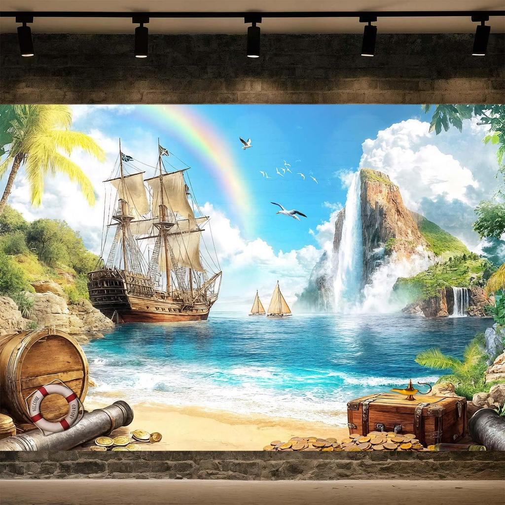 Large Polyester Tropical Tapestry Wall Hanging Pirate Ship Rainbow Waterfall Beach Mural Decor Adventure Coastal Art