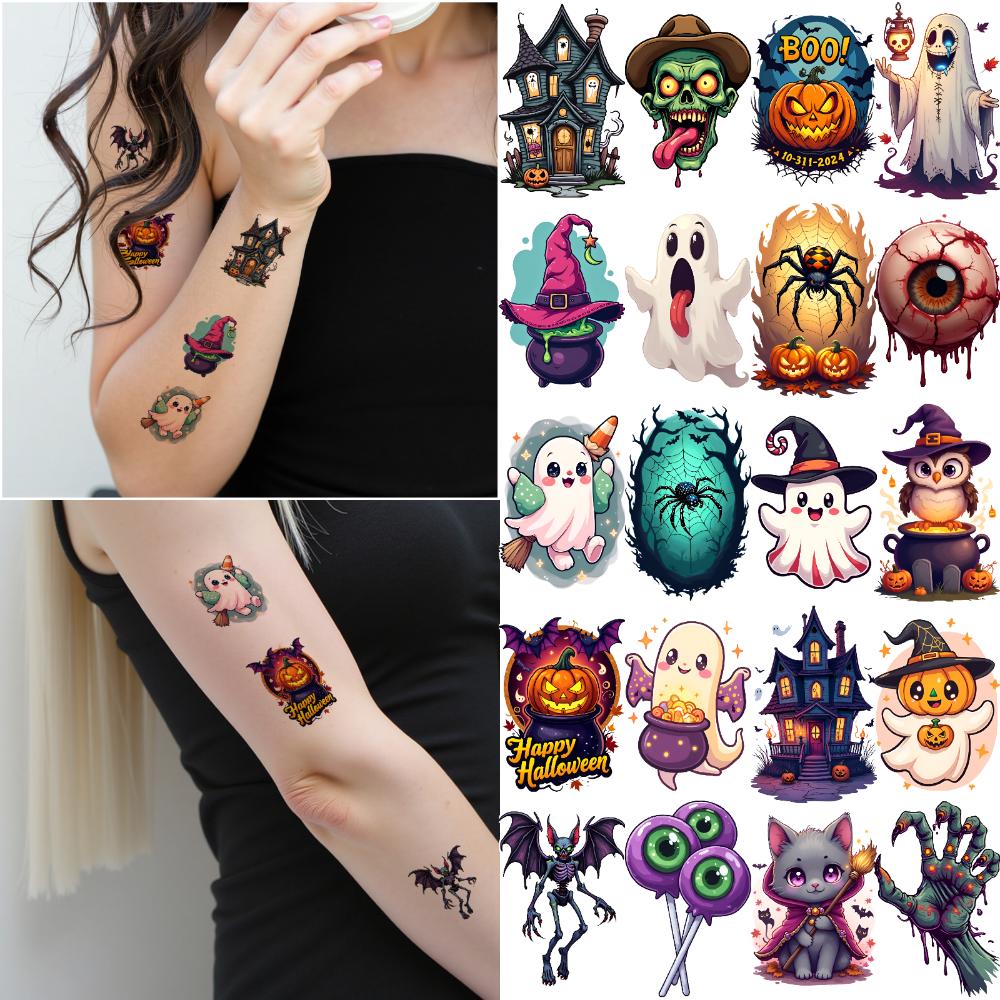 54pcs Temporary Tattoo Skull Stickers Cartoon Cat Stickers Pumpkin Stickers For Cheeks