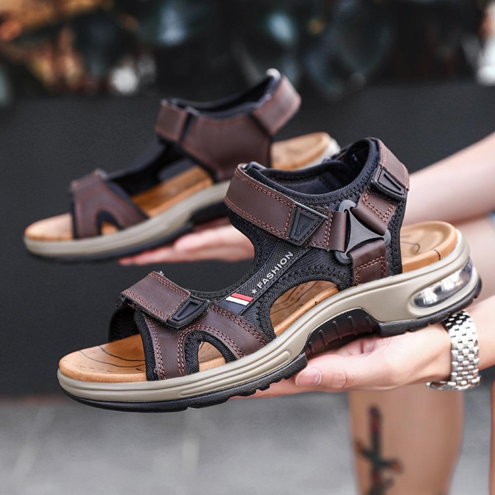 Men's Summer Outdoor Leather Sandals Breathable Toe Open Lightweight Cushion Water Shoes for Beach Travel