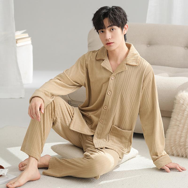 Pajamas Men'S Autumn And Winter Island Fleece Thickened Fleece Long Sleeve Coral Fleece Large Size Loungewear Spring And Autumn Warm Suit