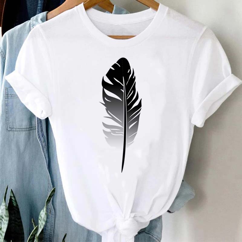 Women's T-shirt Watercolor Feather Graphic Printed T Shirt Women Short Sleeve Tshirt 90s Streetwear Female Clothes Tops