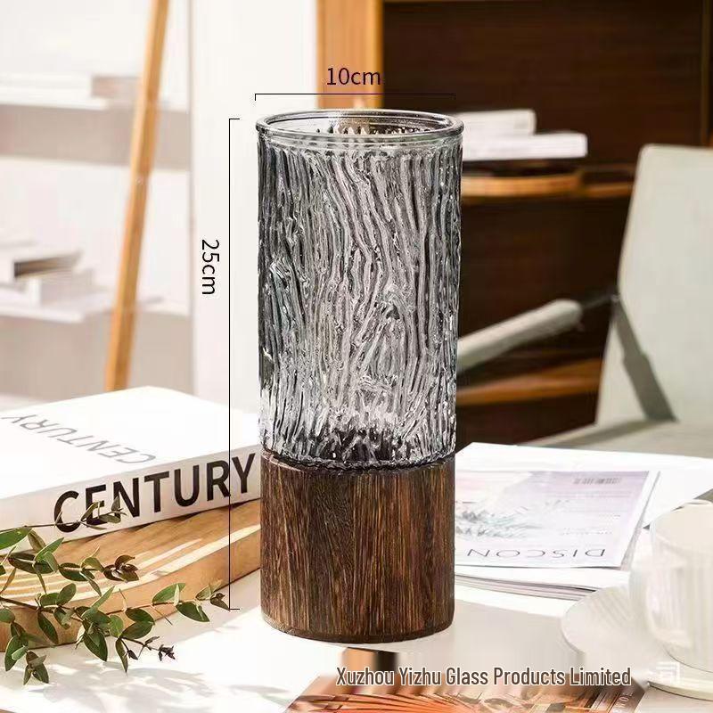 Nordic Light Luxury Crystal White Glass Vase with Wooden Holder for Fresh Flowers - Living Room Decor