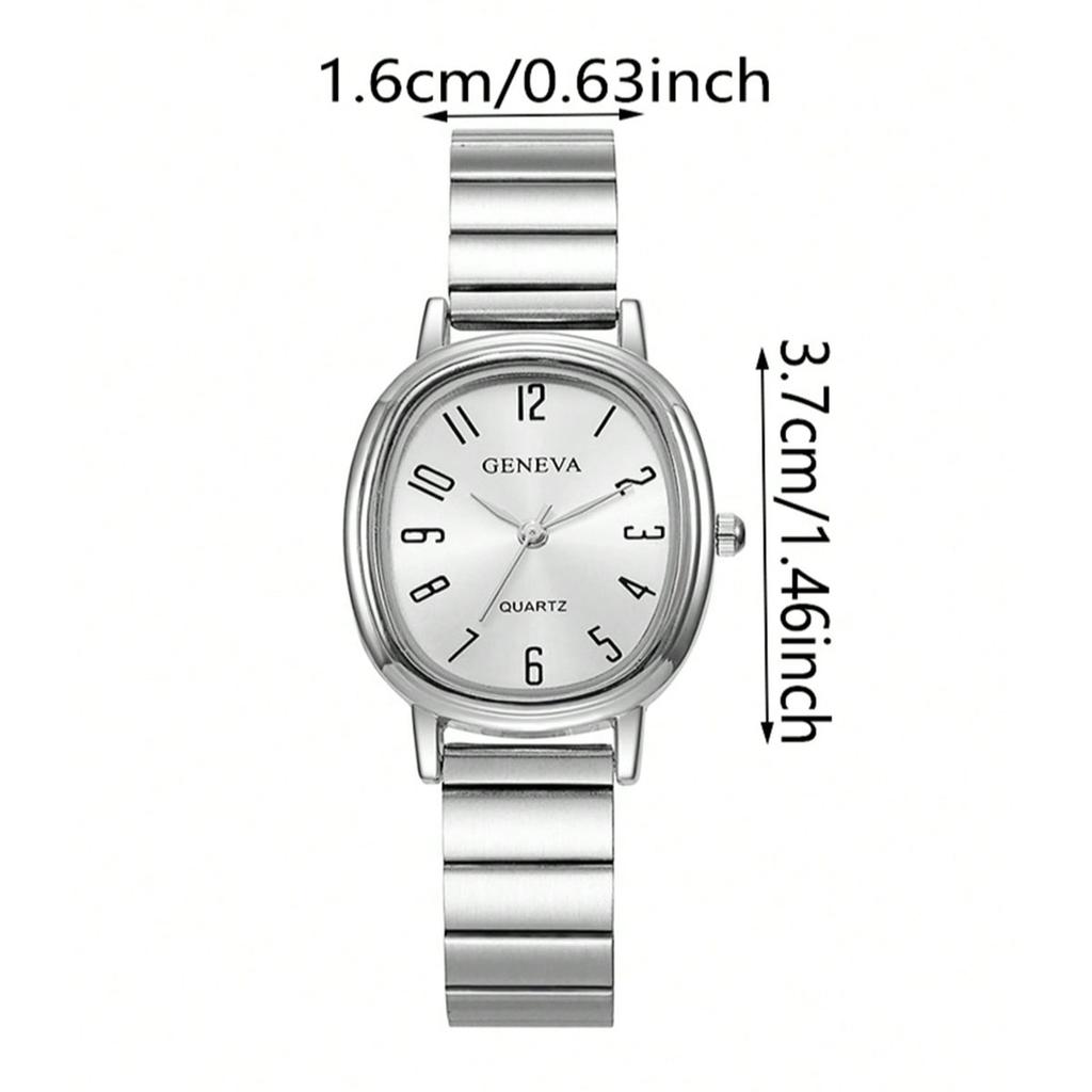 6pcs/Set-Fashion Trendy Steel Strap Bamboo Knot Watch Shining Square Dial Ring Necklace Set - Retro Style