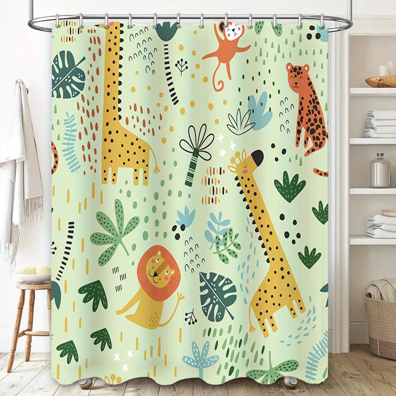 Animal Forest Shower Curtain Cute Cartoon Giraffe Leopard Lion Print Fabric Bathroom Decor Kids Bathing Room Waterproof Rug Pad
