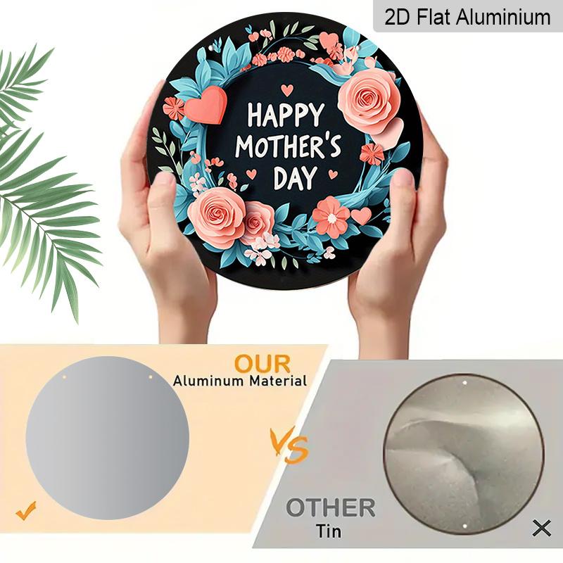 2D Flach, 1 Stück Vintage Muttertag Rundes Aluminium-Wandschild - Rosa Rosen & Türkiser Blumenkranz mit Text 'Alles Liebe zum Muttertag', Herz-Ausschnitte