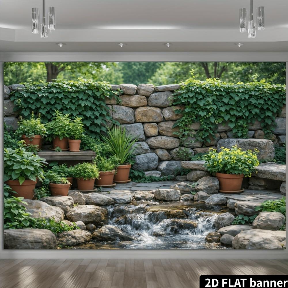 2D stone wall waterfall background fabric, stone wall with green plants and bonsai, flowing water of the waterfall