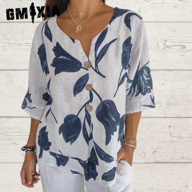 GMXIA Printed Cotton and Linen V-neck Short-sleeved Pullover Shirt