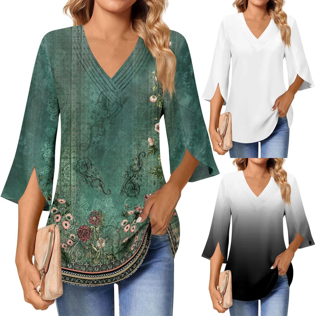 Dámská pracovní košile Skládané šaty s 3/4 rukávem Top košile s výstřihem do V Neformální košile se zavazováním do pasu Business košile