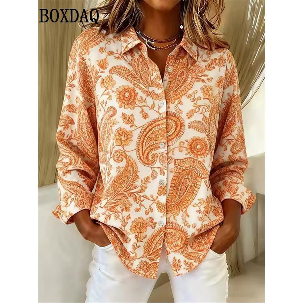 Women's Long-Sleeve Shirt Spring Summer Maple Leaf Print Blouse Casual Everyday Wear Paisley Print Lapel Female Tops