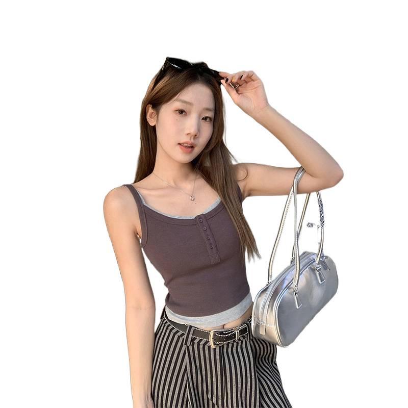 Chic Color-Block Camisole: Pure Desire Style, High-End Feel Women's Base Layer Fake Two-Piece Top