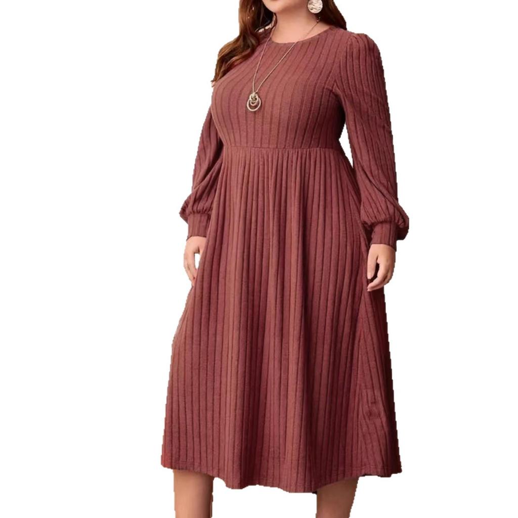 European 2025 Casual Plus Size Solid Color Ribbed Knit Dress for Women