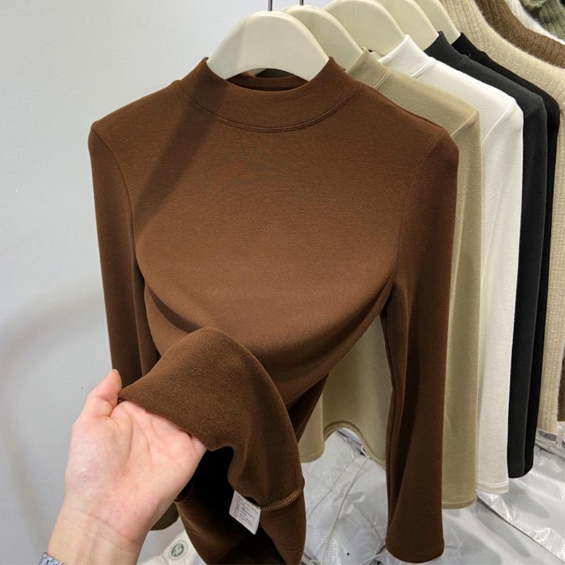 Women's Slim Fit Fleece-Lined Stand Collar Shirt, Brushed Thin Fleece, Long-Sleeve T-Shirt, Autumn/Winter 2025