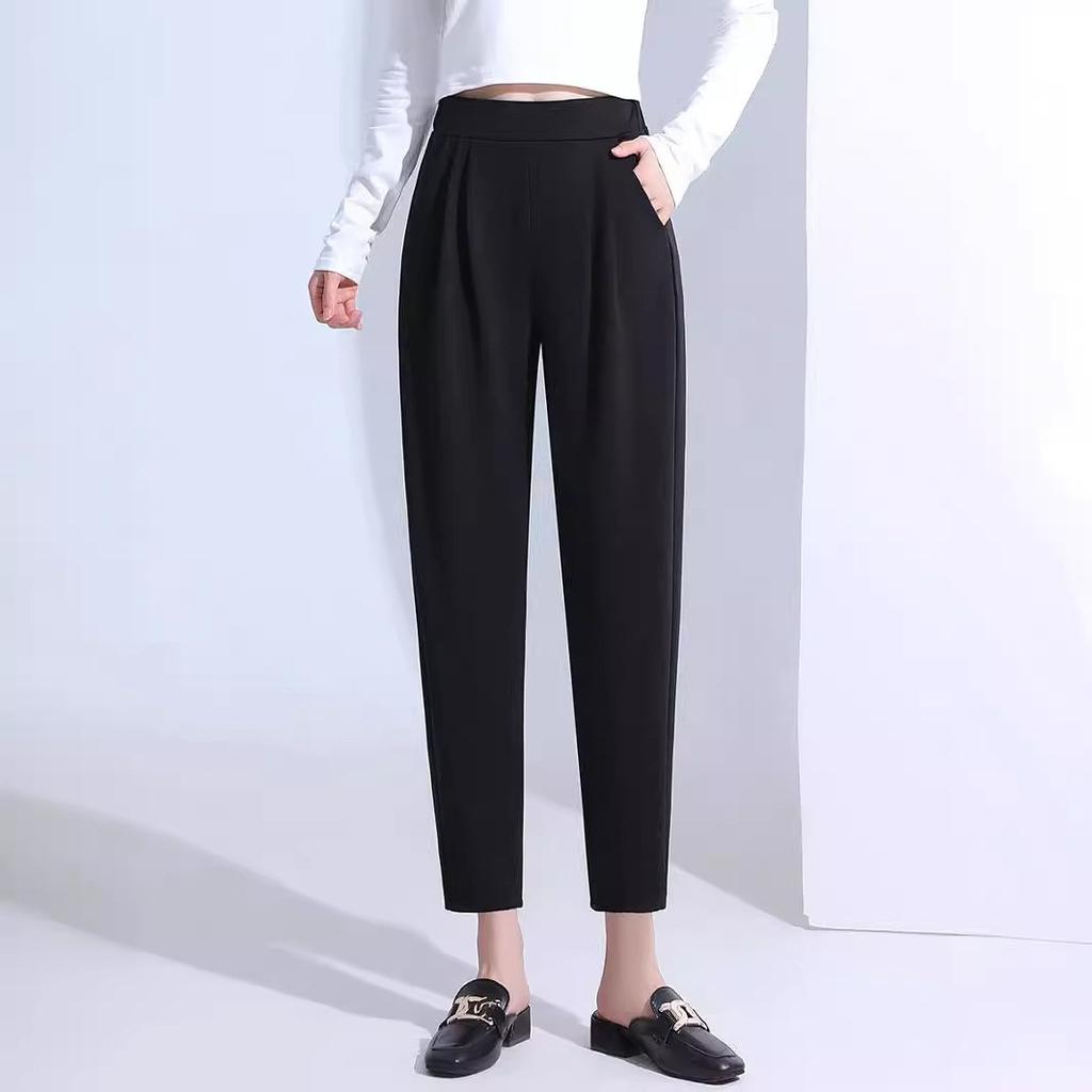Women High Waist Straight Cropped Pants High Elastic Harem Pants With Pockets Slim Fit Tapered Trouser