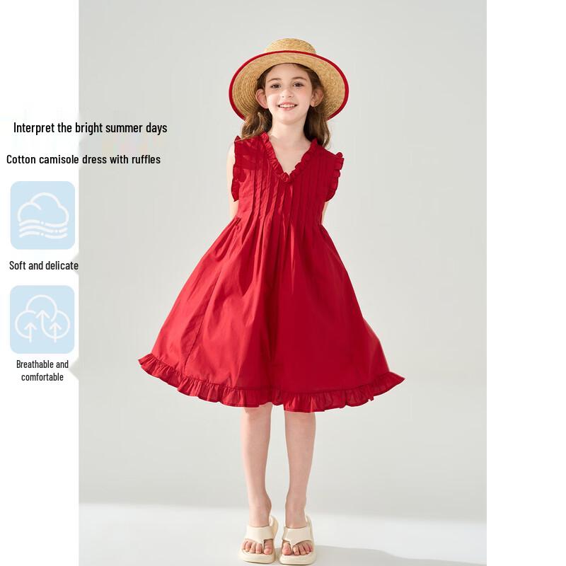 Girls  Red Ruffled Sleeveless A-Line Summer Dress 150