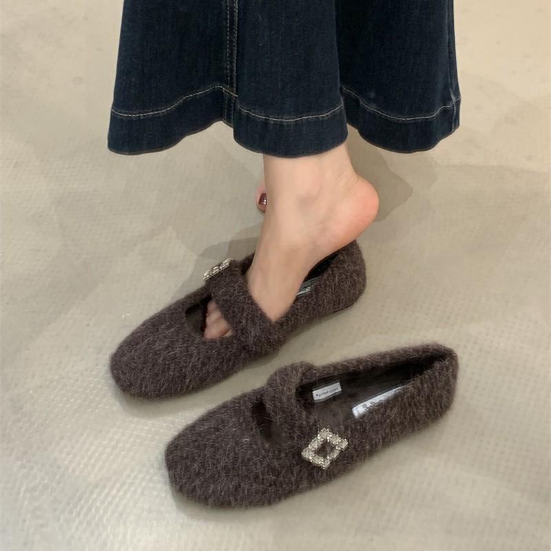 One pedal fluffy shoes women's winter outer shoes women's shoes French Mary Jane shoes plush beanie shoes flat single shoes