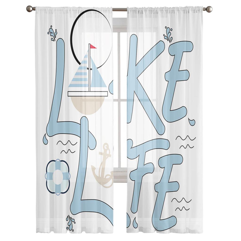 Blue Boat Anchor Lake Life Window Treatment Tulle Modern Sheer Curtains for Kitchen Living Room the Bedroom Curtains Decoration
