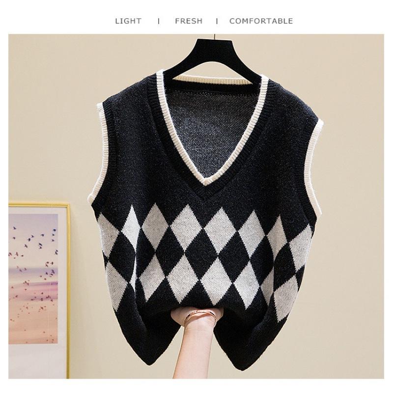 Autumn Rhombus Knitted Vest Women's Short Stacked Sleeveless Top Women's Knitted Sweater