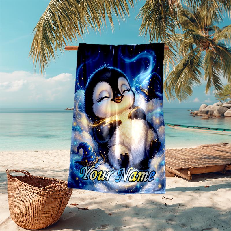 1PC Custom Name Penguin Dreams Stars Beach Towel Highly Absorbent And Sand-Resistant Towel for Swimming, Pool, Yoga, And Travel Lightweight