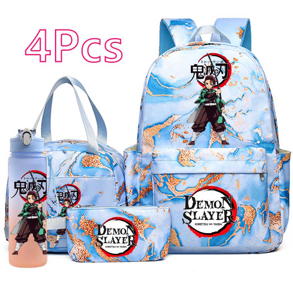 4 Pièces/ensemble Anime Demon Slayer Sac à Dos Imprimé Sac à Main Trousse à Crayons avec Bouteille d'Eau 750ml pour Adolescent Garçon Fille Grande Capacité Sac d'École Imperméable