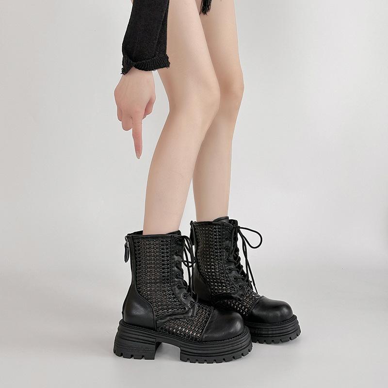 Fashion woven short boots Hollow breathable Martin boots women's summer design retro British style small thick-soled cool boots