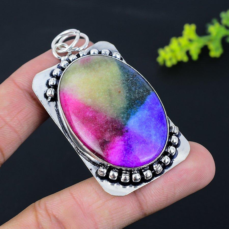 Rainbow Solar Quartz Gemstone Handmade 925 Sterling Silver Pendant 2.68" C6S08