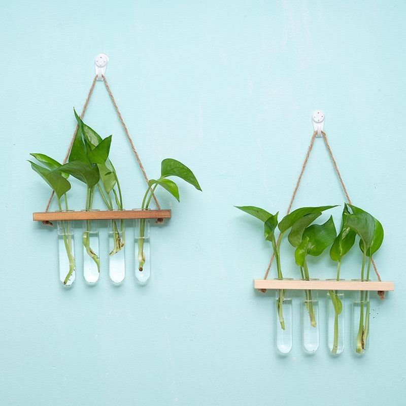Hydroponic Plant Test Tube Glass Wall Vase Hanging Wooden Hanging Hemp Rope Flower Stand Wall Decoration for Home Decor Gifts