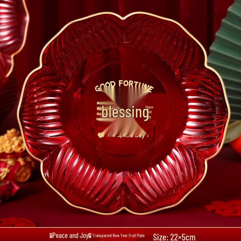 2026 New Year Red 'Fu' Character Fruit Plate with Sunflower Seeds and Candy Snacks for Festive Dining and Coffee Tables