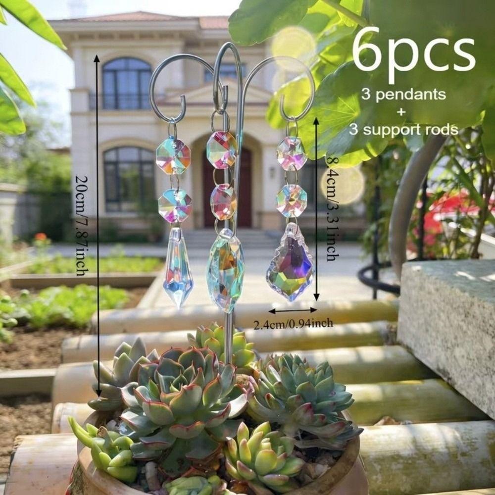 6Pcs/Set Handmade Garden Crystal Suncatchers Colorful Rainbow Plant Stakes Yard Decor