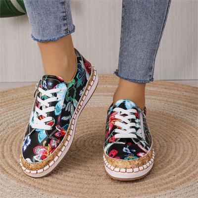 Fashion Women Sneakers Lady Vulcanized Shoes Elegant Floral Printed Lace-up Female Flats Skateboard Fashion Women Casual Footwear