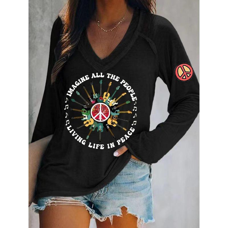 T-shirts Imprimés Style Hippie pour Femmes Ilstile Printemps Été Manches Longues Col en V Hauts Décontractés Amples Nouveauté
