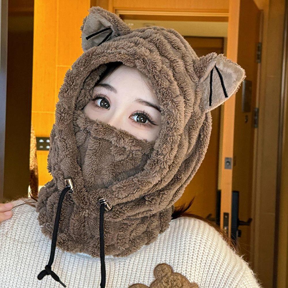 Windproof Winter Warm Hat Plush Mask Hat Scarf Set Casual Ear Protection Hat  Outdoor
