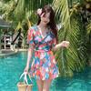 Womens V-Neck Ruffle Sleeve Swimsuit With Tropical Print Tummy Control Fit Modest One-Piece Bathing Suit Beach Vacation
