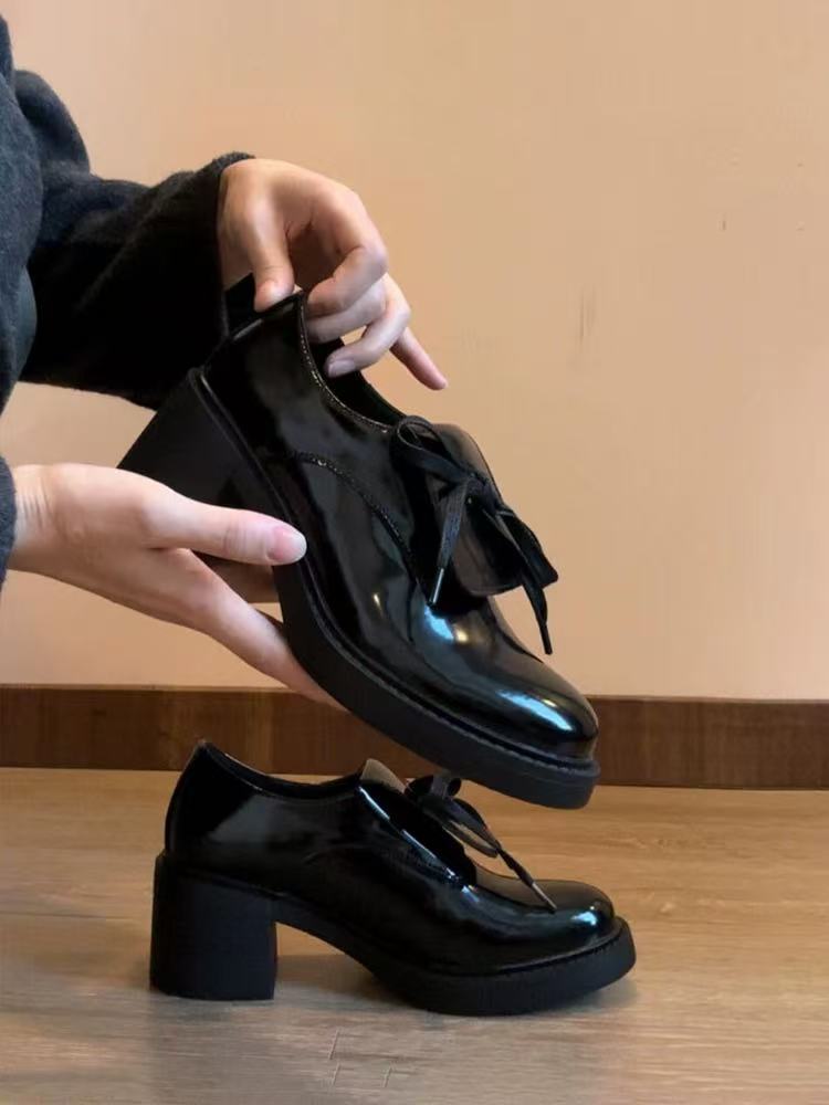 Cowhide version~ Ballet style bow high heel small leather shoes thick heel single shoes women's platform loafers British style women's shoes