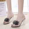 Cool slippers outer thick heel summer high heel transparent one-word slippers crystal and half-tow bow