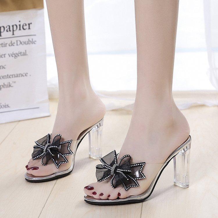 Cool slippers outer thick heel summer high heel transparent one-word slippers crystal and half-tow bow 34
