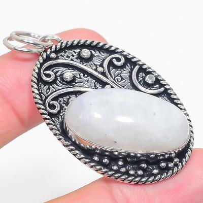 Natural Rainbow Moonstone Gemstone 925 Sterling Silver Pendant 2.17" M9N48