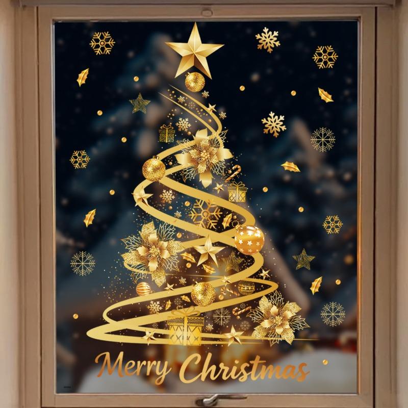 Festive Golden Star Christmas Tree Static Window Decals Reusable Glass Stickers Store Window Holiday Party Home Beautification