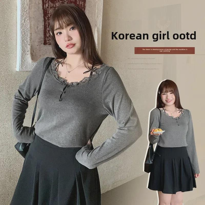 Women's Plus Size Lace Splicing One-Shoulder Long-Sleeve T-Shirt