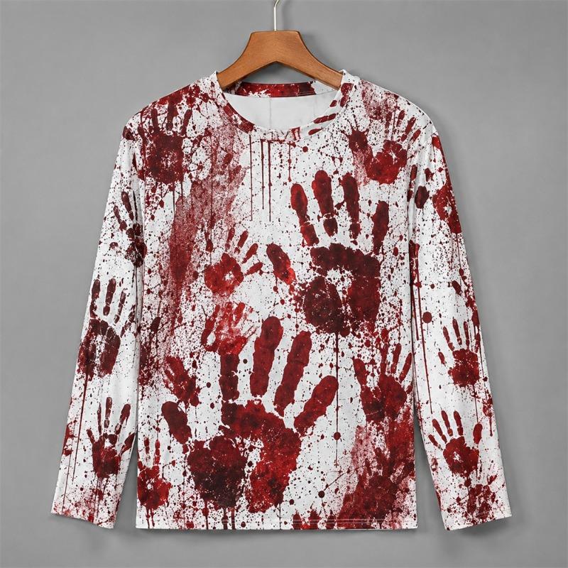 Druk 3D Horror Czerwone Plamy Krwi Wzór Halloweenowa Koszulka z Długim Rękawem Dla Mężczyzn Vintage Halloweenowa Impreza Osobowość OOTD Koszulka Top