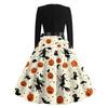 Women Casual Vintage Halloween Print Dress Long Sleeve Round Neck Retro Fit and Flare Midi Dress with Waist Tie Belt
