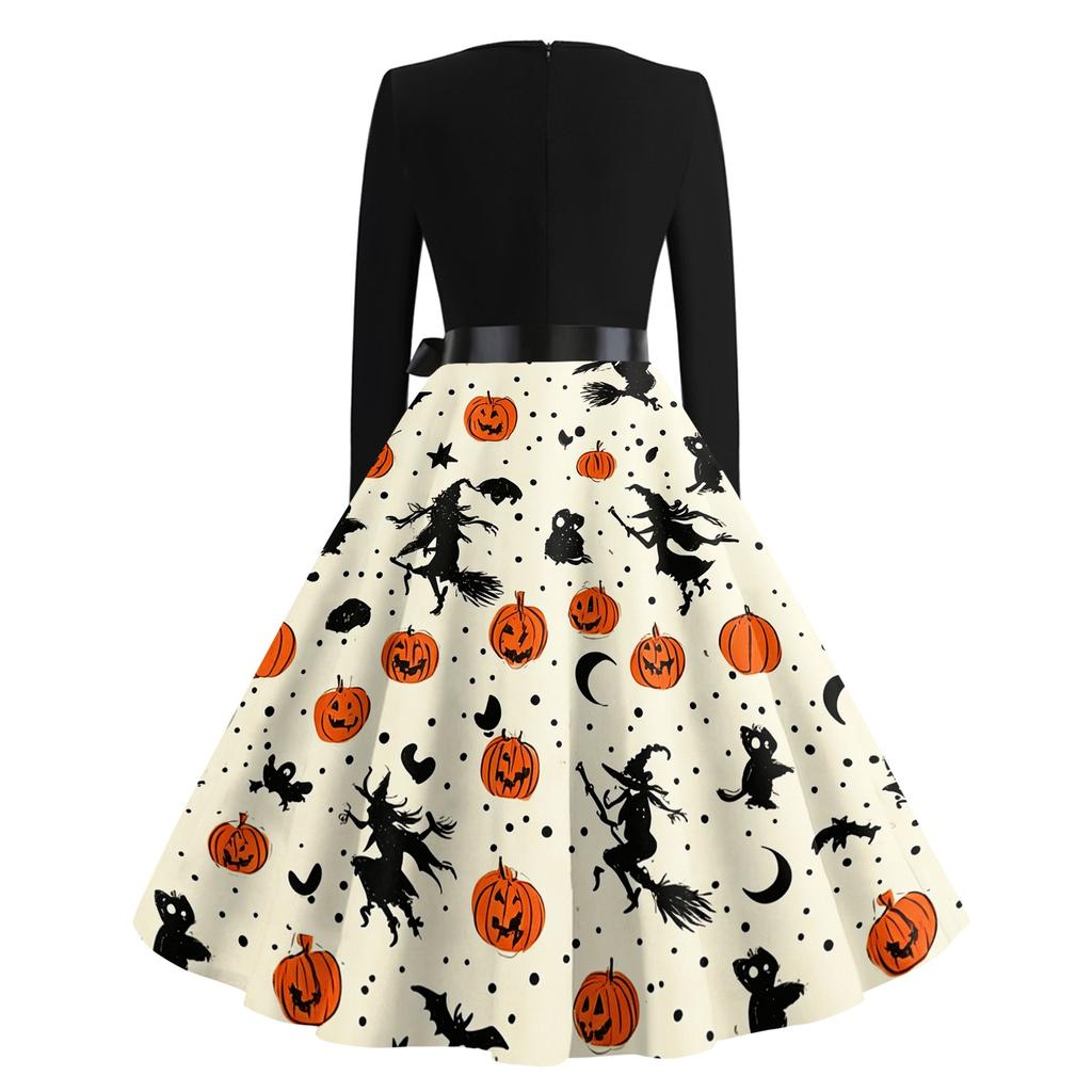Women Casual Vintage Halloween Print Dress Long Sleeve Round Neck Retro Fit and Flare Midi Dress with Waist Tie Belt