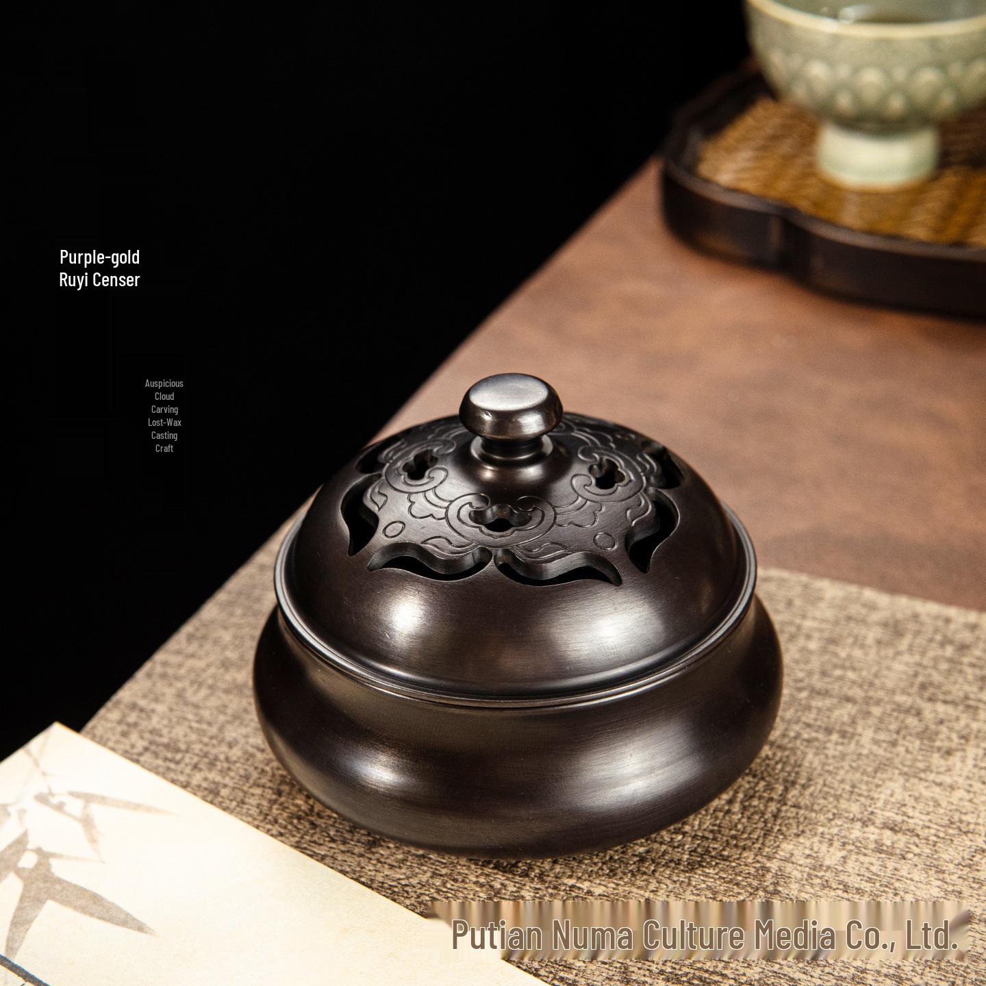 Large Purple Copper Ruyi Incense Burner - Pure Copper Censer for Indoor Aromatherapy and Tea Decor