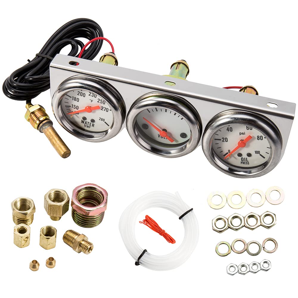 Triple Gauge Kit, 3 In 1 Car Oil Volt Water Gauge, Chrome Housing, White Face, Red Needles, 51Mm Size, 100-280F Water Temp, 8-16V Volts, 0-100Psi Oil